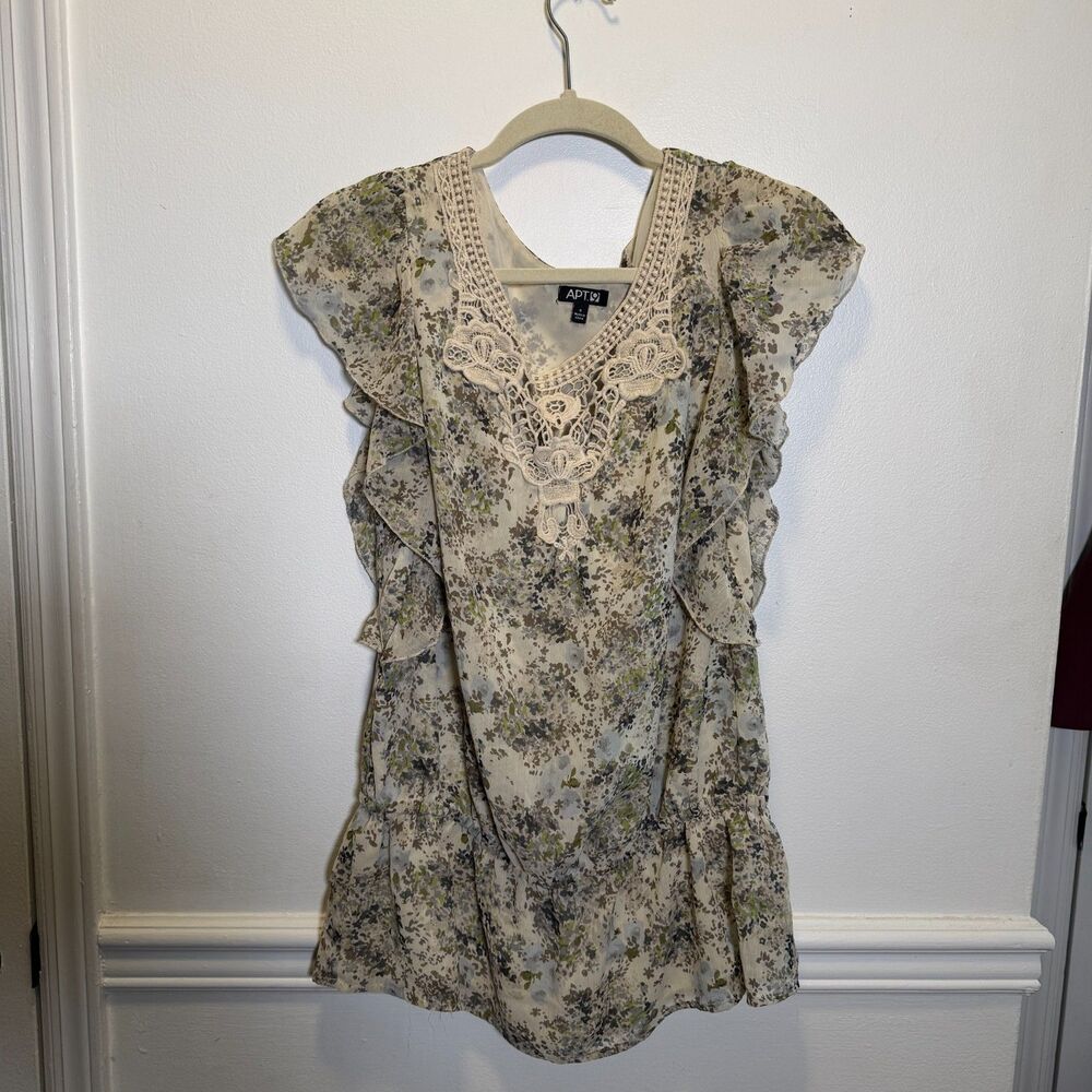 APT. 9 Cottagecore Floral Ruffle Sleeve Blouse Lace Trim Peplum Top Small